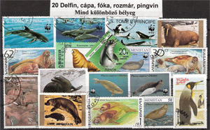 Delfin, cápa,  pingving 25 klf bélyeg, a  csomagban egy sor  is van a bélyegek között