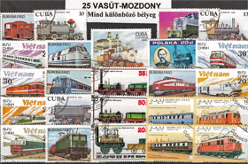 Vasút és mozdony-30 klf. bélyeg, a csomagban 2 komplett sor és 1 db emlékblokk is van 