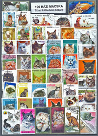 Macskák (házi) 70 klf. bélyeg, a csomagban 3 értékes  komplett bélyegsorozat is