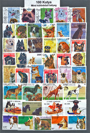 Kutyák-100 klf. bélyeg (3 db értékes kutya  blokkal és 2 sorozattal)