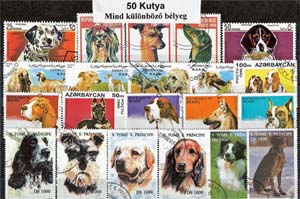 Kutyák-50 klf. bélyeg, a csomagban 1 db értékes blokk van