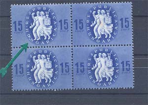 1946. Köztársasági emlék, lemezhiba a 15 ezer pengős bélyegen, négyes tömb